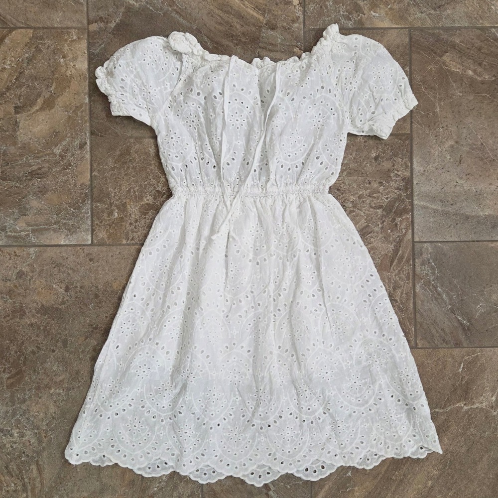 White Eyelet Dress SP Short Sleeve Off Shoulder Ruffle‎ Cottagecore